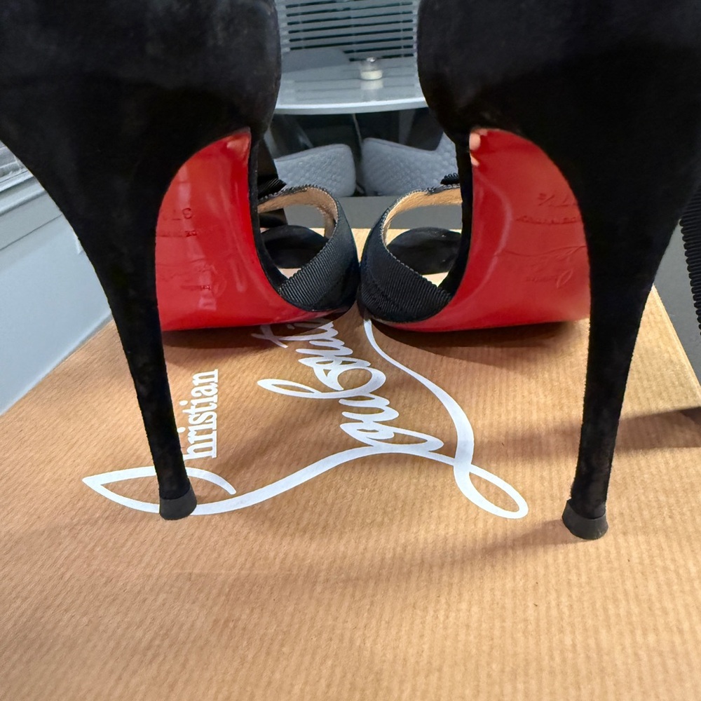 Christian Louboutin Black Peep-Toe ribbon-strapped Heels - Picture 5 of 13
